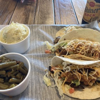 A.J.'s Bar & Grill - Taco Platter (3 tacos, 2 sides) Portobello, brisket, pulled pork Potato salad Green beans  Shiner Bock(beer) - Bars Near Me - Brussels, Illinois