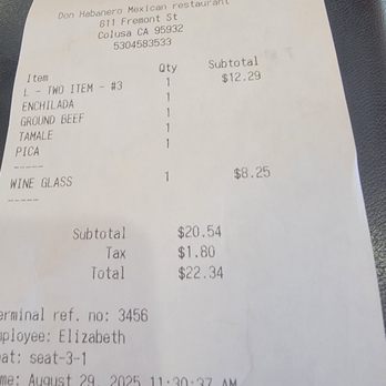Don Habanero - August 29 receipt - Mexican Near Me - Colusa, California