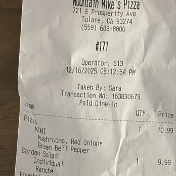 Mountain Mike's Pizza - The damage, a bit pricing for salad, a mini pizza and soda IMO. - Pizza Near Me - Tulare, California Mountain Mike's Pizza - The damage, a bit pricing for salad, a mini pizza and soda IMO. - Pizza Near Me - Tulare, California