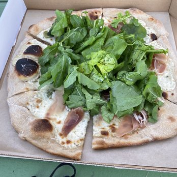 Prometheus Pizza - Galatea - garlicky white sauce with pancetta and fresh spring mix. - Pizza Near Me - Fredericksburg, Texas Prometheus Pizza - Galatea - garlicky white sauce with pancetta and fresh spring mix. - Pizza Near Me - Fredericksburg, Texas