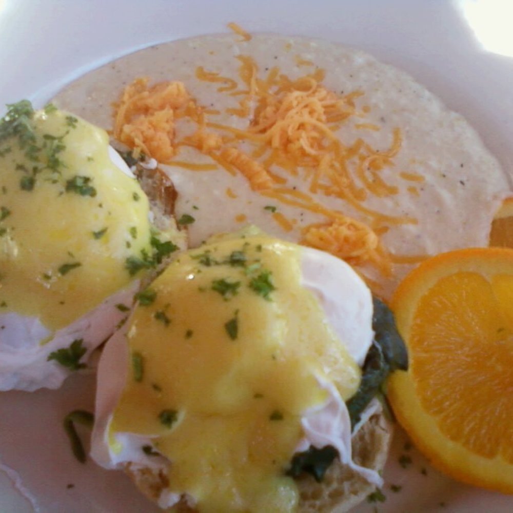 Brick Restaurant - Spinach & goat cheese egg benedicts (subpar) with AMAZING cheese grits. - New American Near Me - Jacksonville, Florida Brick Restaurant - Spinach & goat cheese egg benedicts (subpar) with AMAZING cheese grits. - New American Near Me - Jacksonville, Florida