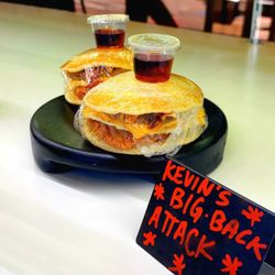 Hot Donuts - "Big Back Attack": Bacon, Sausage, Hash Brown, Cheese on Fried Egg!