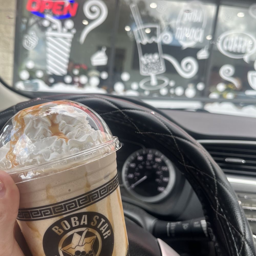 Boba Star - Caramel latte with boba caramel drizzle and whip cream - Bubble Tea Near Me - Corona, California