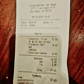 Miami Slice - $37.63 for 1 slice of pepperoni pizza, a pistachio tart, and a choc cookie!! Vegas prices! - Pizza Near Me - Las Vegas, Nevada Miami Slice - $37.63 for 1 slice of pepperoni pizza, a pistachio tart, and a choc cookie!! Vegas prices! - Pizza Near Me - Las Vegas, Nevada