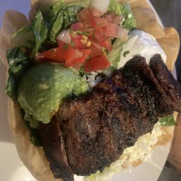 Tostada Salad ($16+$10 for Steak). (And yes, I wanted it cooked that well-done). Tostada Salad ($16+$10 for Steak). (And yes, I wanted it cooked that well-done).