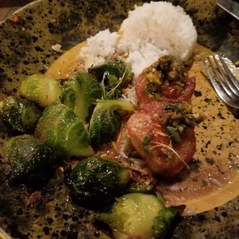 Twisted Cork Bistro - Scallops (I'd already eaten two, sorry), brussel sprouts and rice. - New American Near Me - Omaha, Nebraska