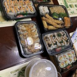 Exotic Sweets - Maki combo (Asia maki, spicy salmon, tuna), seafood roll, exotic sweets roll, salmon and chicken bento box