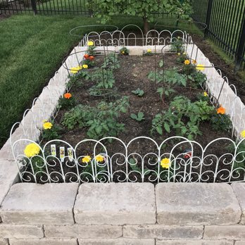SAR Landscaping Contractors - Plant bed in action!! Thanks to SAR Landscaping! - A rectangular garden bed contains young plants and flowering marigolds, enclosed by decorative white metal fencing with curved designs. The bed is bordered at the front by a row of stone blocks, and a small tree is visible at the back. The garden is situated in a backyard with a grassy lawn and black metal fencing on two sides. - Gardeners Near Me - Elgin, Illinois