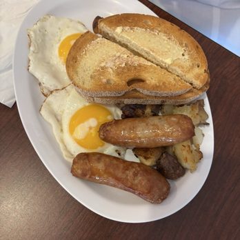 Doubleday Diner - Breakfast 2 eggs with meat, homefries, and toast - link sausage and perfect sunnyside up eggs - Salad Near Me - Ballston Spa, New York Doubleday Diner - Breakfast 2 eggs with meat, homefries, and toast - link sausage and perfect sunnyside up eggs - Salad Near Me - Ballston Spa, New York