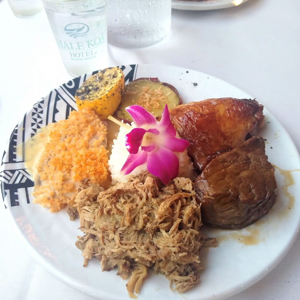 Hale Koa Luau - Kalua Pork, Panko Ginger Mahimahi, Soy Sauce Chicken, Teriyaki Steak, Rice, Sweet Potato with Toasted Coconut, Roasted Squash - Performing Arts Near Me - Honolulu, Hawaii