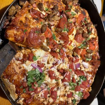 BJ's Restaurant & Brewhouse - Half & Half Deep Dish - Large 5 Meat and BBQ Chicken - American Near Me - Arcadia, California BJ's Restaurant & Brewhouse - Half & Half Deep Dish - Large 5 Meat and BBQ Chicken - American Near Me - Arcadia, California
