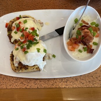 Another Broken Egg Cafe - Crab Cake Benedict Brunch with grits - Breakfast & Brunch Near Me - Morrisville, North Carolina