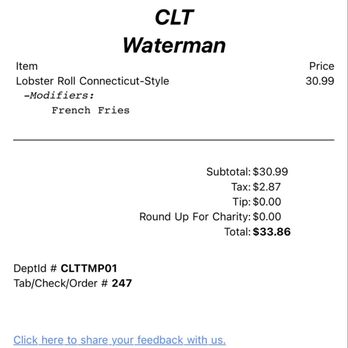 The Waterman Fish Bar - This is the receipt of my order to show how long it took 5:38 - Seafood Near Me - Charlotte, North Carolina The Waterman Fish Bar - This is the receipt of my order to show how long it took 5:38 - Seafood Near Me - Charlotte, North Carolina