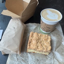 Salami and cheese sandwich, coffee cake and dirty chai Salami and cheese sandwich, coffee cake and dirty chai
