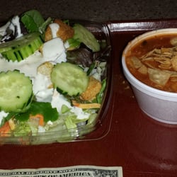 Cascades Cafe at Guadalupe Regional - 1 pound salad and an eight ounce cup homemade tortilla soup $3.98 with tax. Great value.