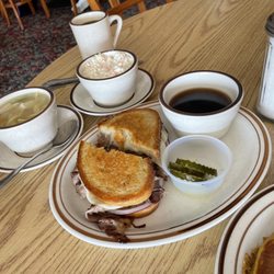 Maryanne's Homestyle Cooking - Prime rib melt with provolone cheese on grilled rye. It came along with coleslaw and cup chicken noodle soup.