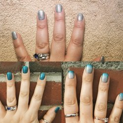 Dezarae Caron, Nail Junkee - Temp changing polish...silver when im warm..and a beautiful blueish green when im cold. Perfect for Maine winters