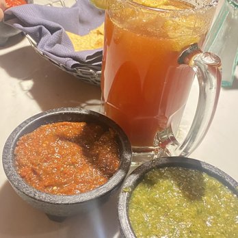 Pancho & Willie's Cantina - Michelada plus green and chipotle salsa; these are hot! - Mexican Near Me - Sparks, Nevada