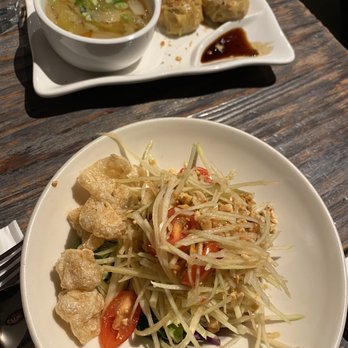 Up Thai - Papaya Salad and soup/dumplings from the lunch special - Thai Near Me - New York, New York