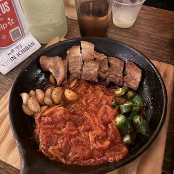 Misoolkwan OC - Pork Belly and Kimchi. FYI camera did not eat first !!! we ate like half the pork belly by the time i took the photo lol - Korean Near Me - Buena Park, California