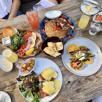 Cafe Amici - Smoked salmon bagel, pancakes, eggs benedict, and "burrata toast" (toast not pictured because it's so small and comical) - Italian Near Me - Beverly Hills, California
