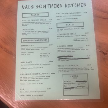 Vals Southern Kitchen - Front a menu - Southern Near Me - Chesnee, South Carolina