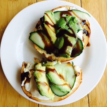 Donnys Cafe - Build your own bagel. I usually get the plain bagel with cream cheese, avocado, cucumber, tomato and the balsamic drizzle. Fav!! - Cafes Near Me - Bonita, California