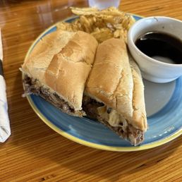 French Dip sandwich with added mushrooms and onions