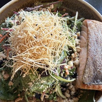 Saint & Second - Asian salad with Pan-Seared Salmon absolute perfection - New American Near Me - Long Beach, California