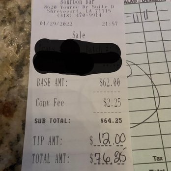 Bourbon Bar - 4 double Maker's Marks and a convenience fee for paying with a debit card, that was automatically charged when I asked for my bill. - Cocktail Bars Near Me - Shreveport, Louisiana Bourbon Bar - 4 double Maker's Marks and a convenience fee for paying with a debit card, that was automatically charged when I asked for my bill. - Cocktail Bars Near Me - Shreveport, Louisiana