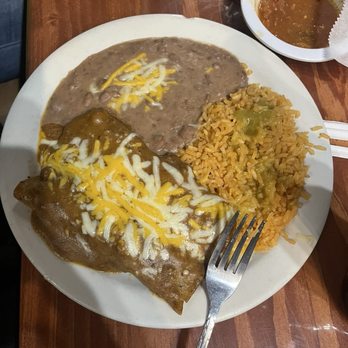 Arroyo’s - Ground beef enchiladas with chili sauce, rice and beans. - Tex-Mex Near Me - Van Alstyne, Texas