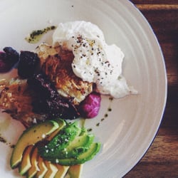 Reverends Fine Coffee - Potato and Leek Rostis with roasted beet instead of carrot and added avocado.