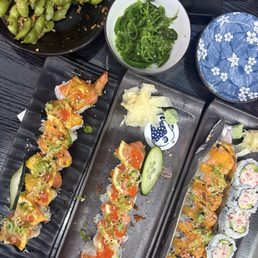 California roll, lion king, crunch mango, spicy garlic edamame, & seaweed salad.
