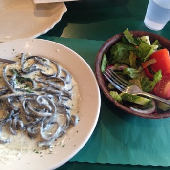 The Daily Catch - Appetizer portion (very generous!) of black pasta alfredo and a tossed garden salad. - Italian Near Me - Boston, Massachusetts