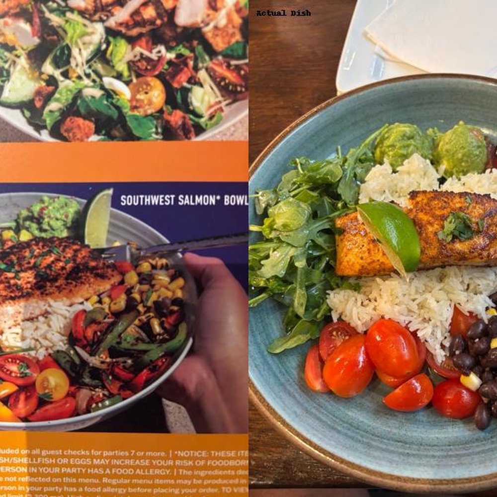 Side-by-side images showing the Southwest Salmon Bowl at Dave & Buster's, with the menu photo on the left and the smaller actual portion ser