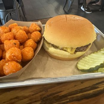 Sauced BBQ & Spirits - Kids meal cheeseburger with sweet potato tots - Barbeque Near Me - Irvine, California Sauced BBQ & Spirits - Kids meal cheeseburger with sweet potato tots - Barbeque Near Me - Irvine, California
