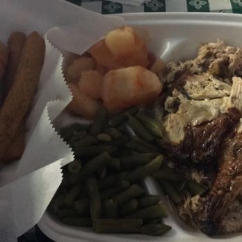 B's Barbecue - Pork and chicken combo with potatoes and green beans, and the corn sticks. - Barbeque Near Me - Greenville, North Carolina