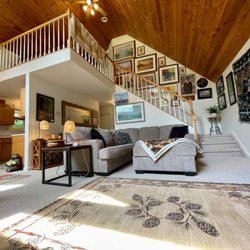 Evergreen Cabins - Riverhouse A-frame Living Room