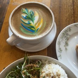 Rainbow latte, blueberry danish, and Moroccan chicken bowl Rainbow latte, blueberry danish, and Moroccan chicken bowl
