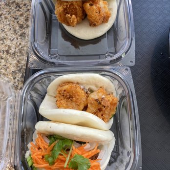 Cafe de L’asie - 2 Fried Shrimp Buns and Char Siu Chicken Bun on bottom - Asian Fusion Near Me - Oklahoma City, Oklahoma Cafe de L’asie - 2 Fried Shrimp Buns and Char Siu Chicken Bun on bottom - Asian Fusion Near Me - Oklahoma City, Oklahoma