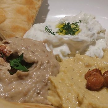 Pita GR - Trio of eggplant dipping sauce (baba ganoush), hummus and tzatziki sauce.  nice garnishing - Mediterranean Near Me - Downey, California
