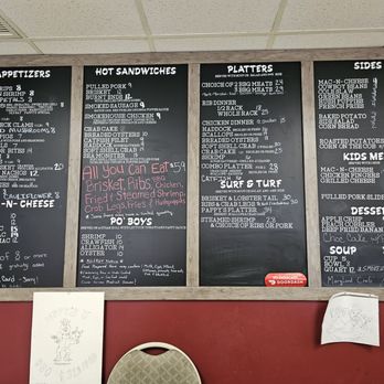 Pappys Q - Huge menu! It was difficult to choose what to order! - A black chalkboard menu at Pappy's Q in Jacobus, PA, features various food categories such as appetizers, hot sandwiches, platters, sides, kids meals, desserts, and drinks. The menu includes item names and prices, with some handwritten notes in pink and white chalk. The board is mounted on a red wall, with a small drawing of a pig and a cartoon character on separate sheets of paper below it. The menu emphasizes a variety of barbecue and seafood options, with prices ranging from $3 to $29. - Barbeque Near Me - Jacobus, Pennsylvania