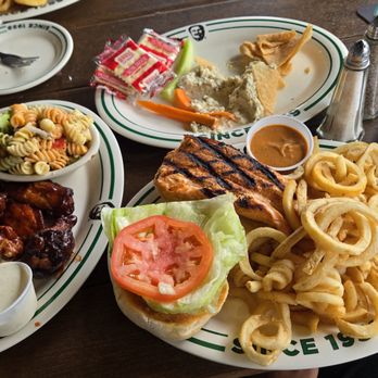 Flanigan's - Hollywood - BBQ wings with pasta salad and salmon sandwich with fries. - Seafood Near Me - Hollywood, Florida Flanigan's - Hollywood - BBQ wings with pasta salad and salmon sandwich with fries. - Seafood Near Me - Hollywood, Florida