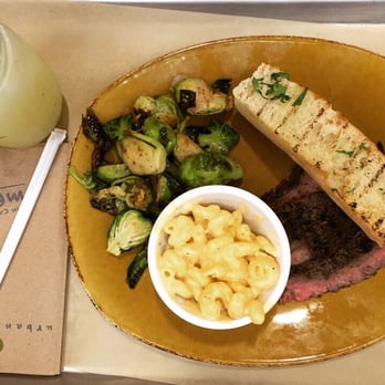 Urban Plates - Steak, mac and cheese, Brussel sprouts, bread - New American Near Me - Dublin, California Urban Plates - Steak, mac and cheese, Brussel sprouts, bread - New American Near Me - Dublin, California