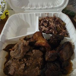 Delicioso - Left - carne (3/5) Right - chicharron (1/5) Upper rt - rice & beans