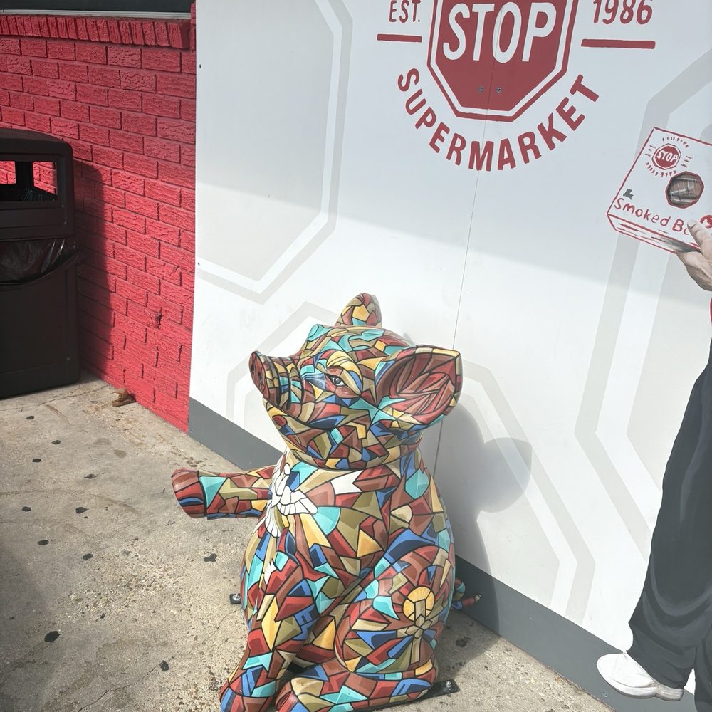 Outside. Check out the mosaic pig! Outside. Check out the mosaic pig!