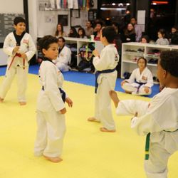 Champions Taekwondo Academy - Practicing their kicking techniques during free sparring in class.