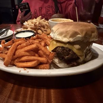 Stones Pub and Eatery - Burger and sweet potato fries(and a horse radish sauce that went with the fries so well!) then cheese dip and chips behind. - Pubs Near Me - Gloucester, Massachusetts Stones Pub and Eatery - Burger and sweet potato fries(and a horse radish sauce that went with the fries so well!) then cheese dip and chips behind. - Pubs Near Me - Gloucester, Massachusetts