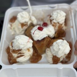 King Kone Creamery - Gorilla Dump - apple dumpling, ice cream, apple topping, cinnamon, whipped cream, and cherries.