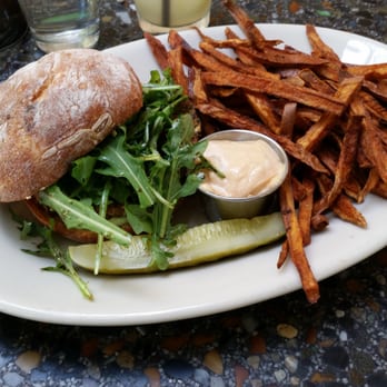 Cafe Flora - Italian burger with yam fries...wash it all down with a rosemary lemonade - Vegetarian Near Me - Seattle, Washington Cafe Flora - Italian burger with yam fries...wash it all down with a rosemary lemonade - Vegetarian Near Me - Seattle, Washington